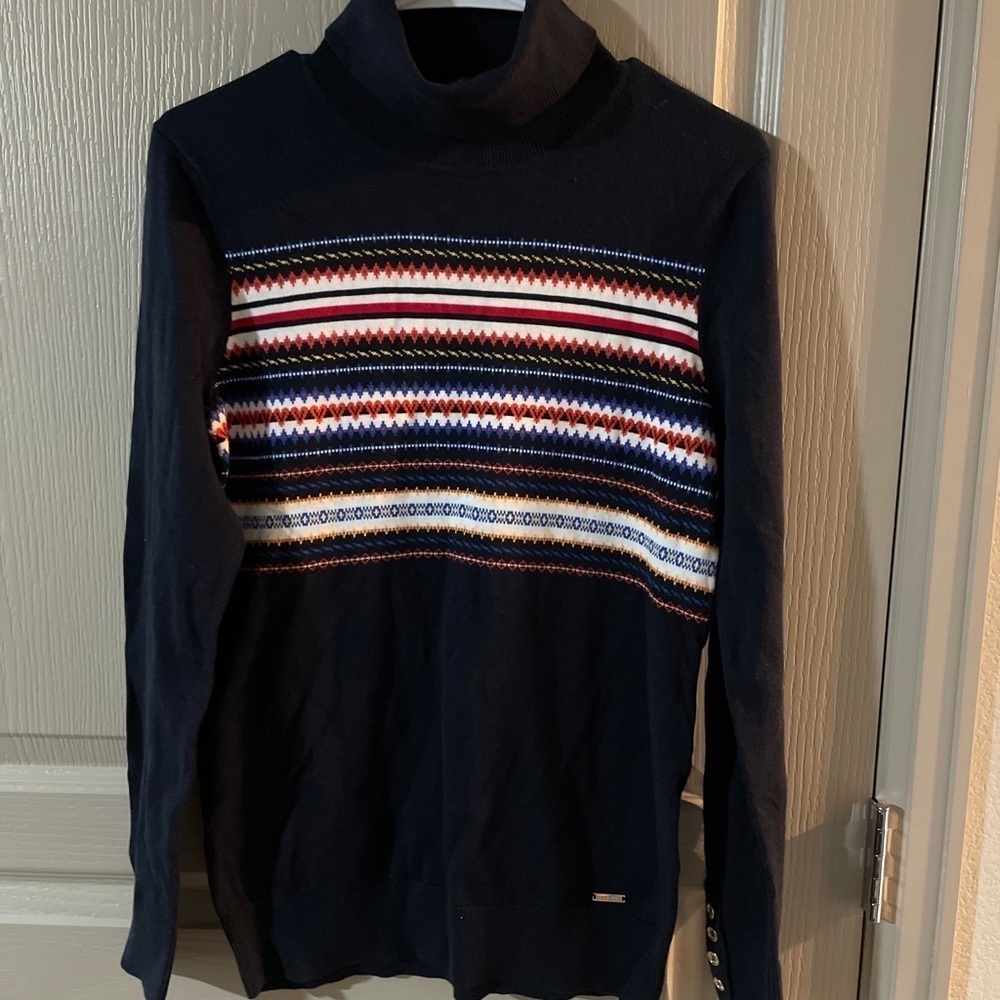 Tommy Hilfiger sweater women M blue red pullover turtle neck stripes hearts.
